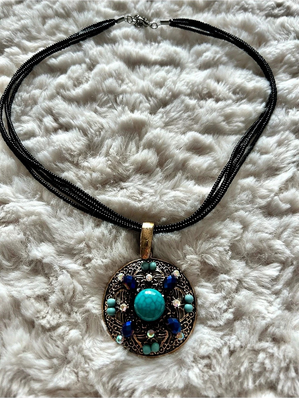 Statement Pendant Necklace in Black & Turquoise
